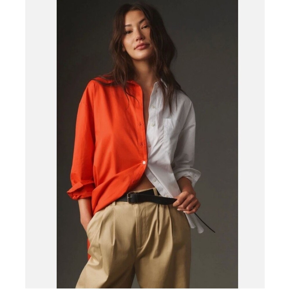 Anthropologie Maeve Bennet Buttondown Shirt Colorblock Oversized Preppy Size XS